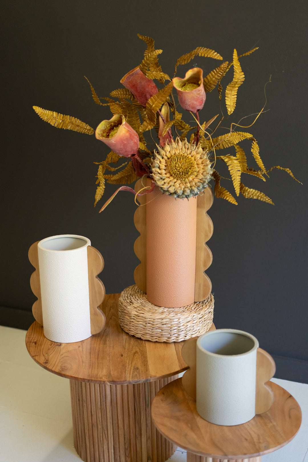 Set of 3 Painted Metal Vases with Wood Handles