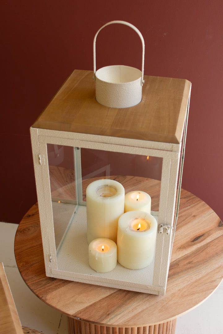 Set of 2 Metal and Wood Lanterns with Glass Sides