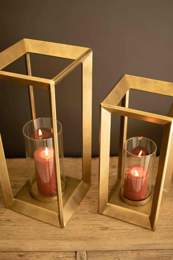 Set of 2 Metal Framed Lanterns with Clear Glass Hurricanes