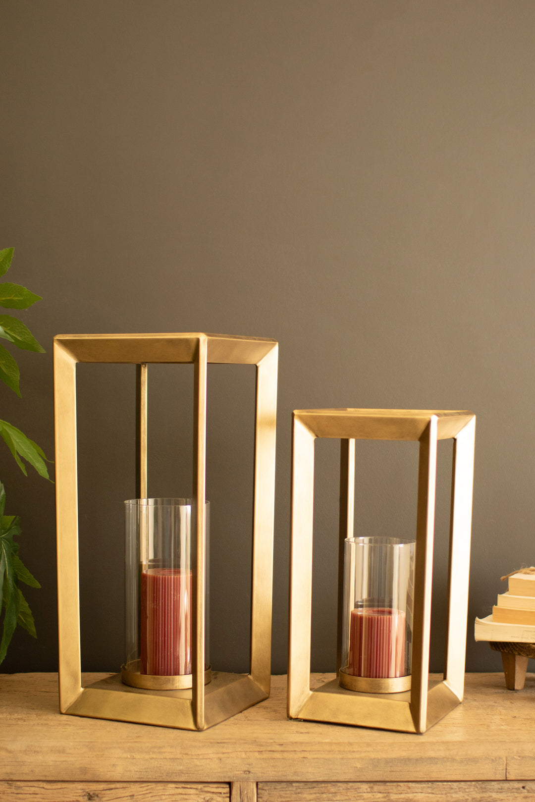 Set of 2 Metal Framed Lanterns with Clear Glass Hurricanes