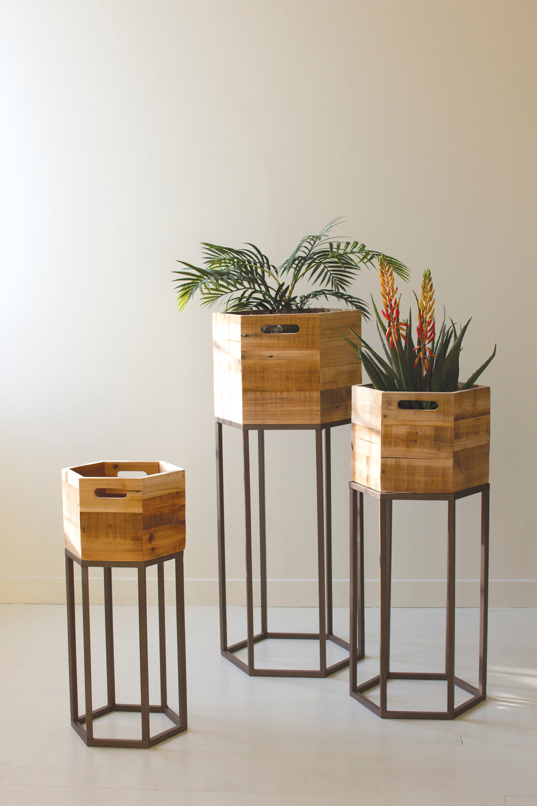 Set Of 3 Hexagon Recycled Wood Planters On Metal Bases