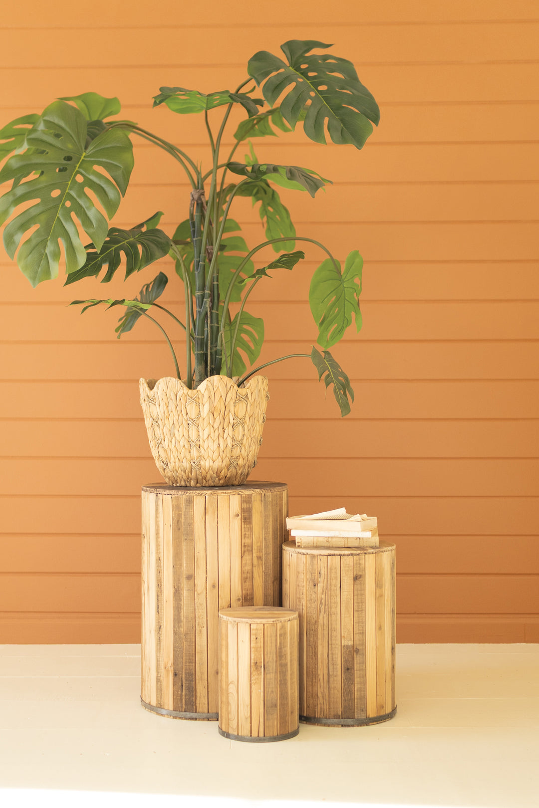 Set of 3 Round Recycled Wood Pedestals with Metal Trim Detail