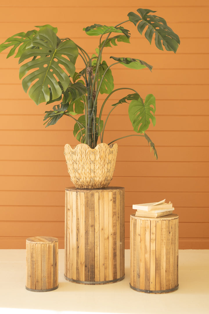 Set of 3 Round Recycled Wood Pedestals with Metal Trim Detail