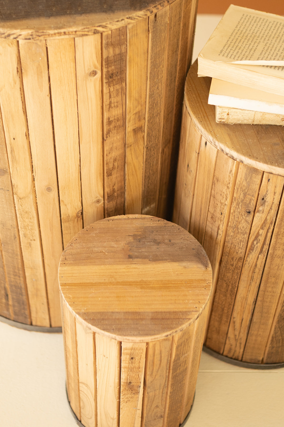Set of 3 Round Recycled Wood Pedestals with Metal Trim Detail