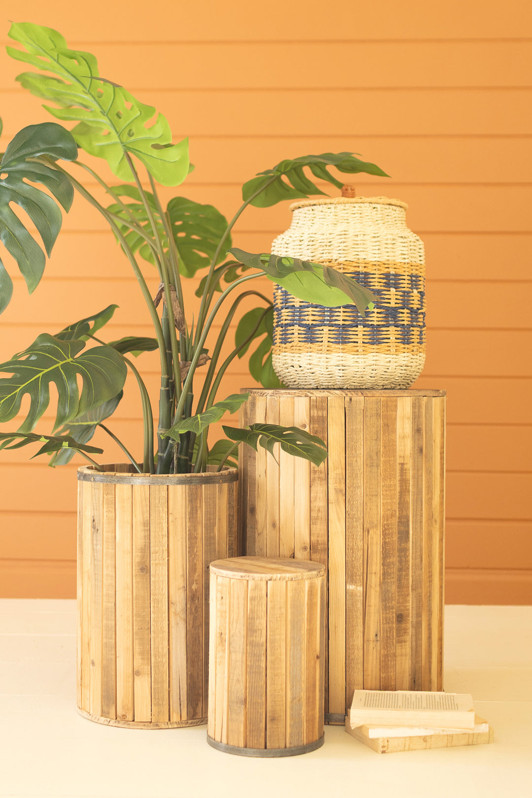 Set of 3 Round Recycled Wood Pedestals with Metal Trim Detail