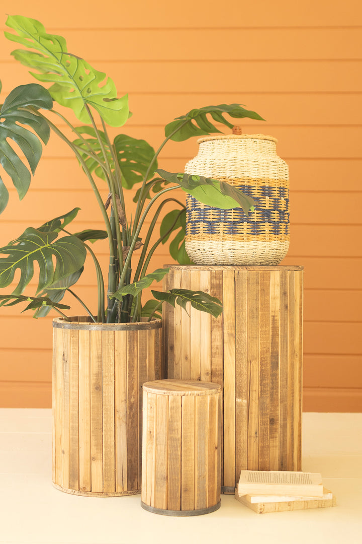 Set of 3 Round Recycled Wood Pedestals with Metal Trim Detail