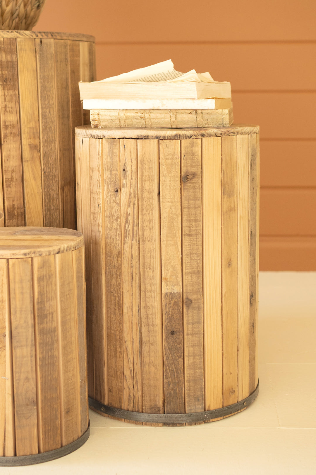 Set of 3 Round Recycled Wood Pedestals with Metal Trim Detail
