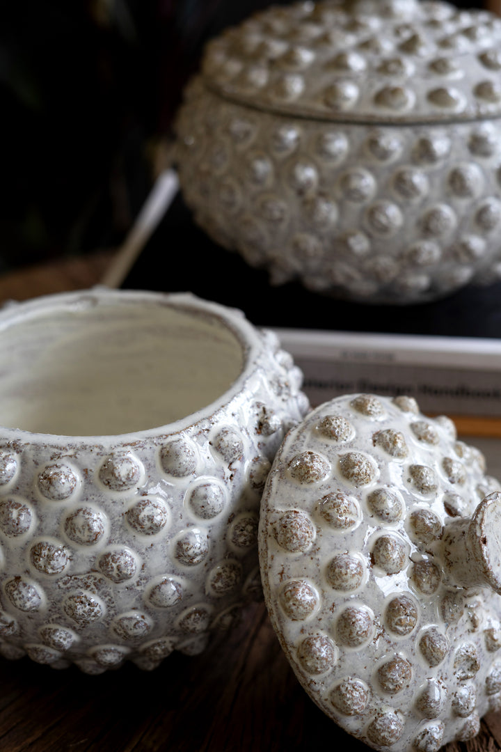 Set Of 2 Round Knobby White Ceramic Canisters