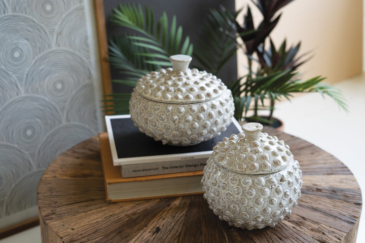 Set Of 2 Round Knobby White Ceramic Canisters