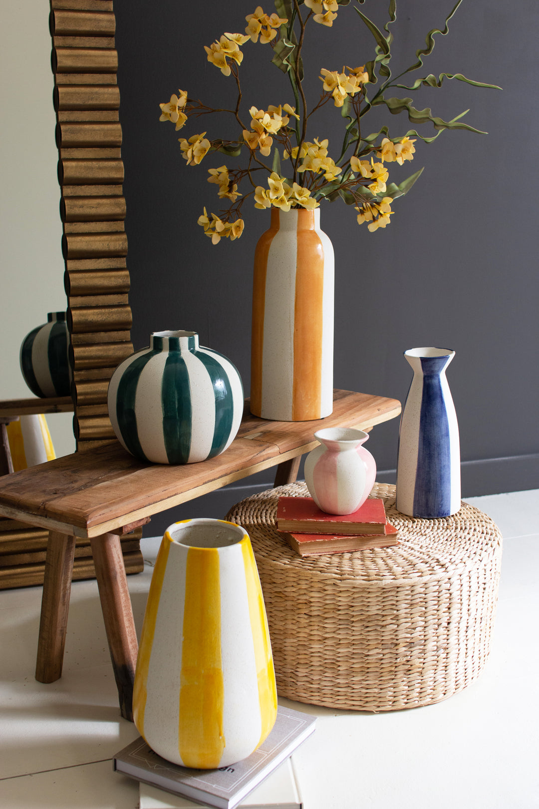 Set Of 5 Colored Ceramic Striped Vases