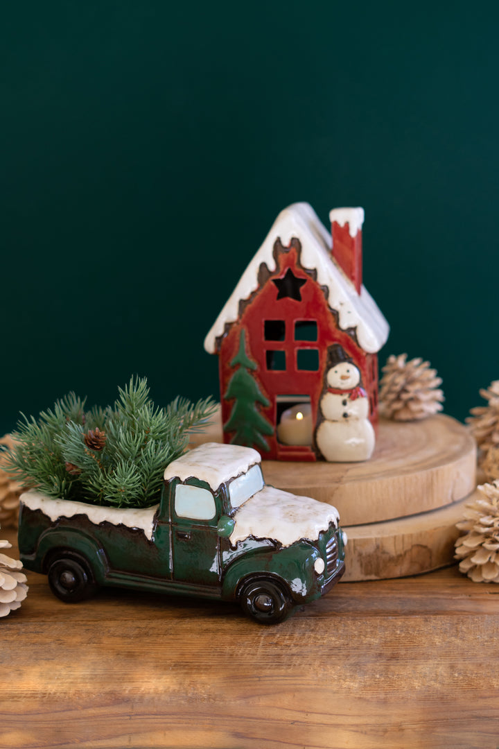 Set Of 2 Ceramic Christmas Truck And House