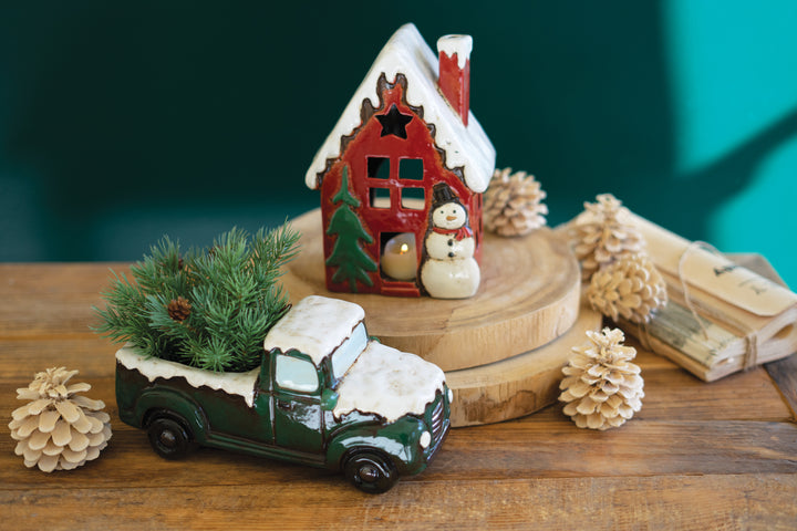 Set Of 2 Ceramic Christmas Truck And House
