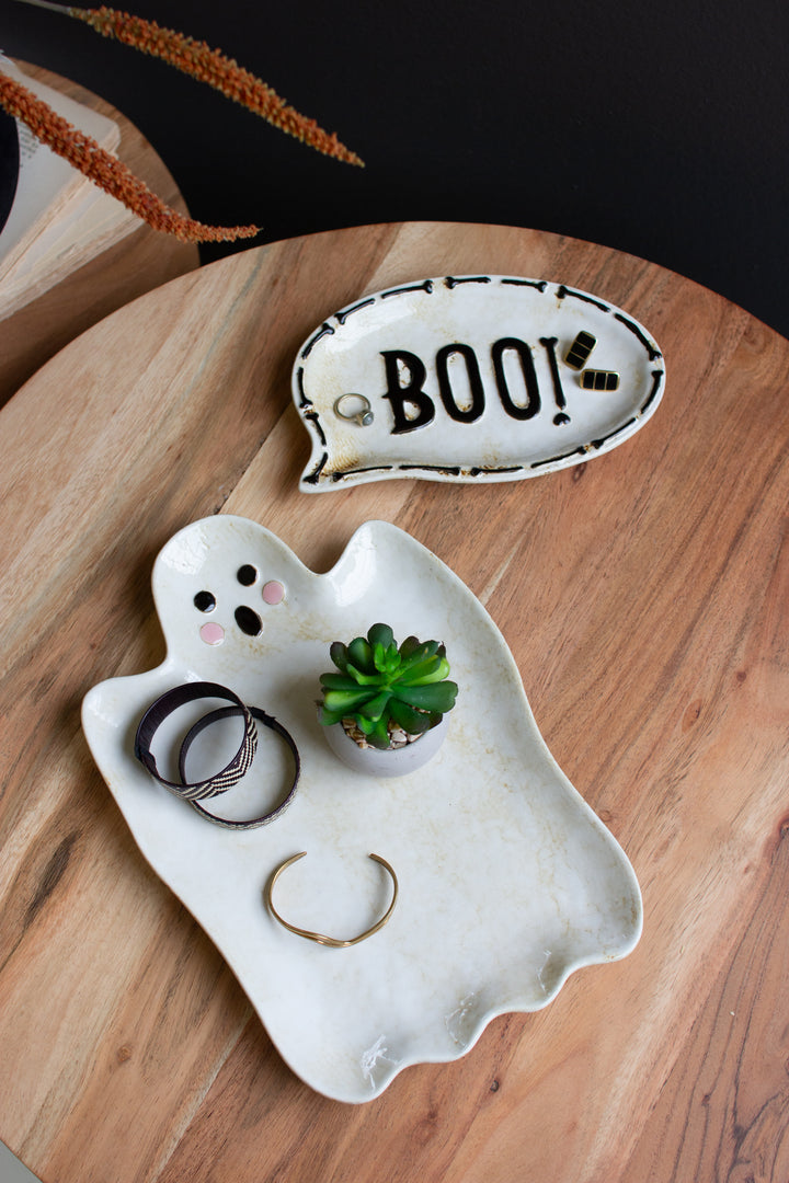 Set of 2 Ceramic Boo and Ghost Serving Platters