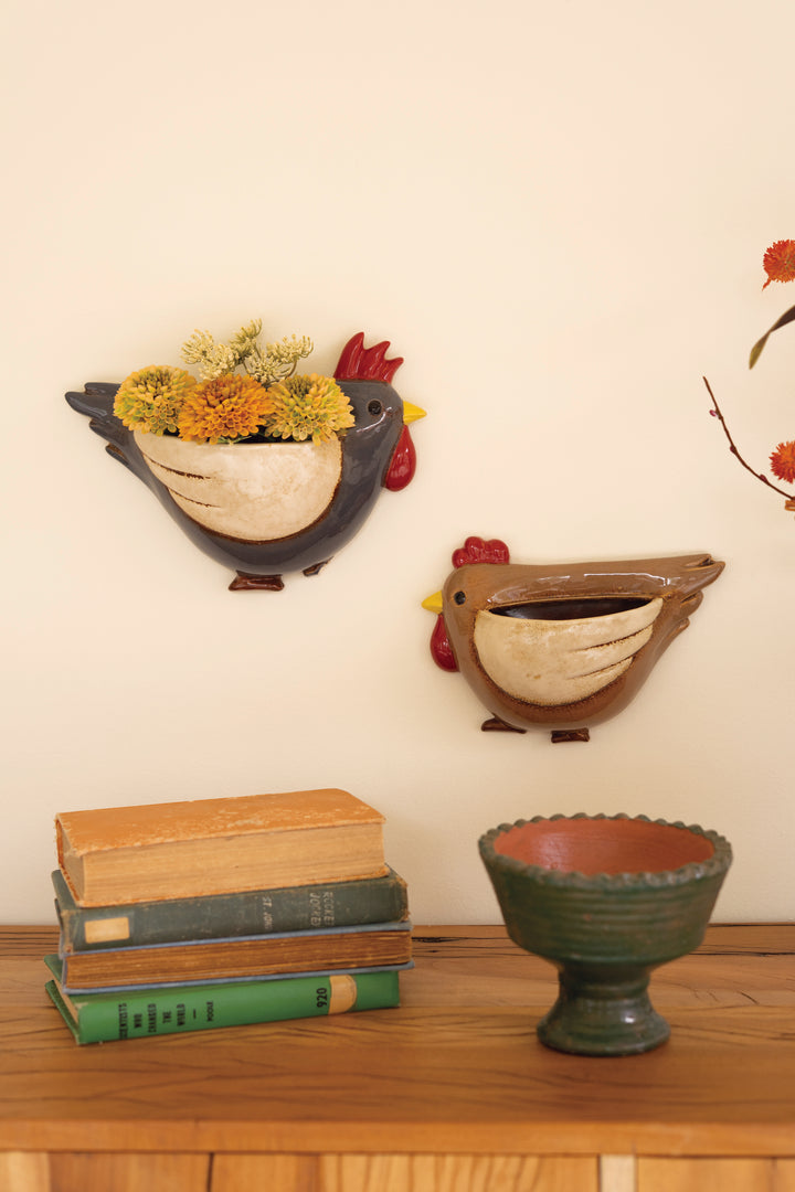 Set of 2 Ceramic Chicken Wall Planters