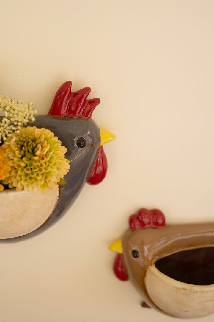 Set of 2 Ceramic Chicken Wall Planters