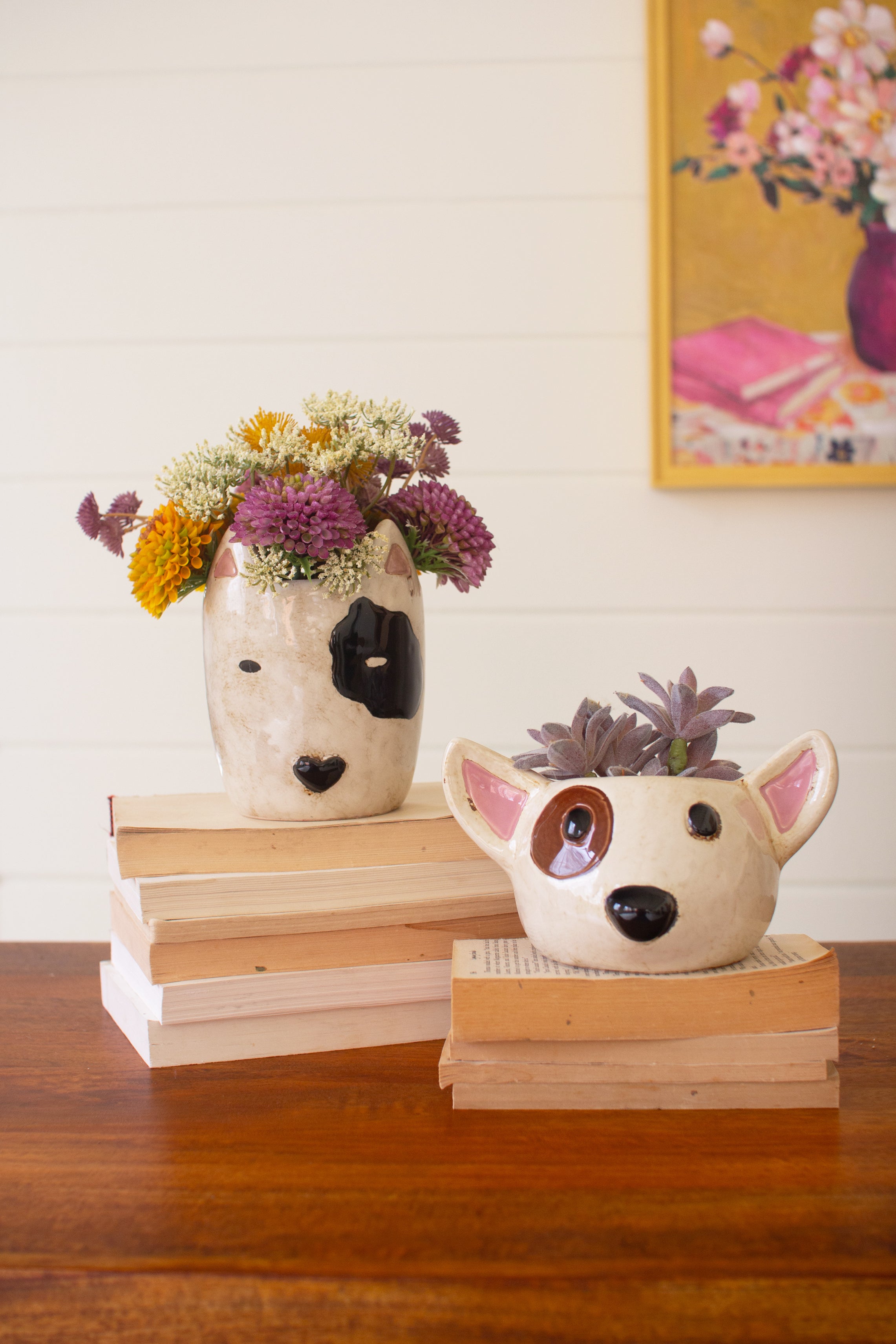 Set of 2 Ceramic Dog Head Planters - Thumbnail 2