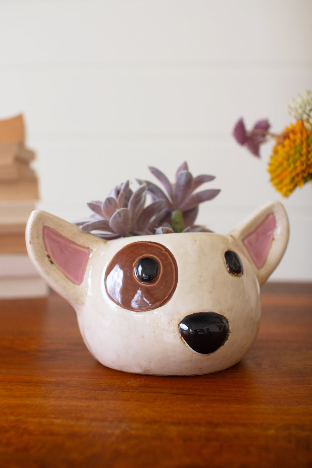 Set of 2 Ceramic Black and White Dog Head Planters
