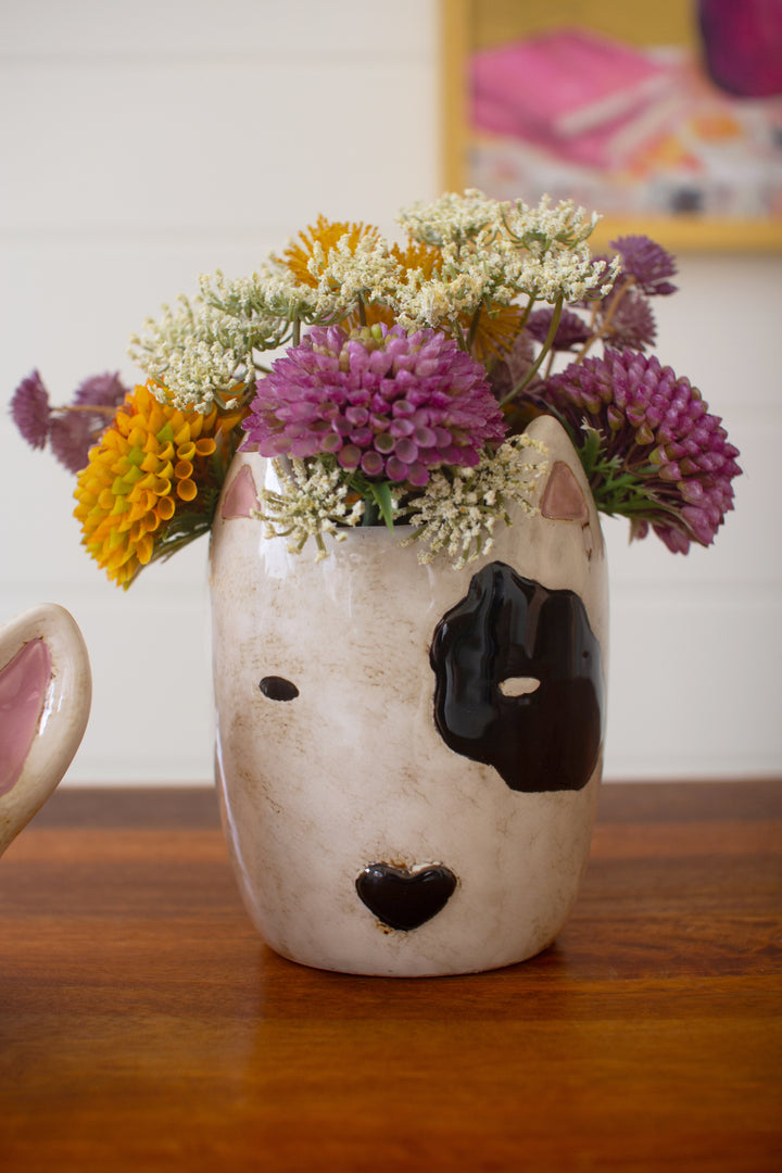 Set of 2 Ceramic Black and White Dog Head Planters