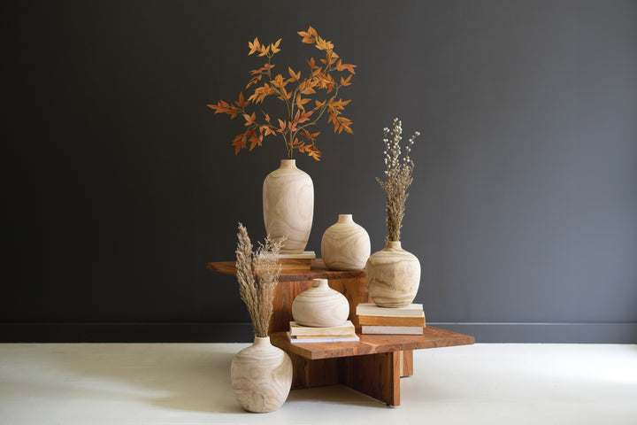 Set Of 5 Carved Wooden Bulb Vases