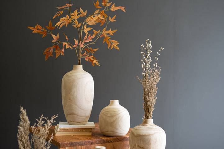 Set Of 5 Carved Wooden Bulb Vases