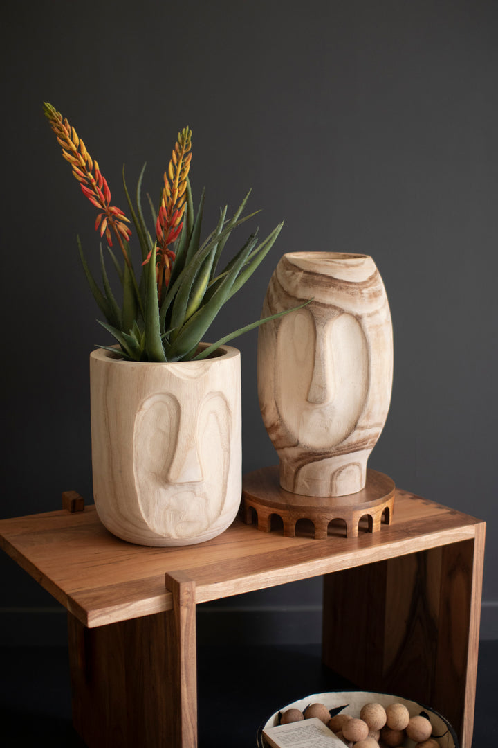 Set Of 2 Wood Hand-Carved Face Planters