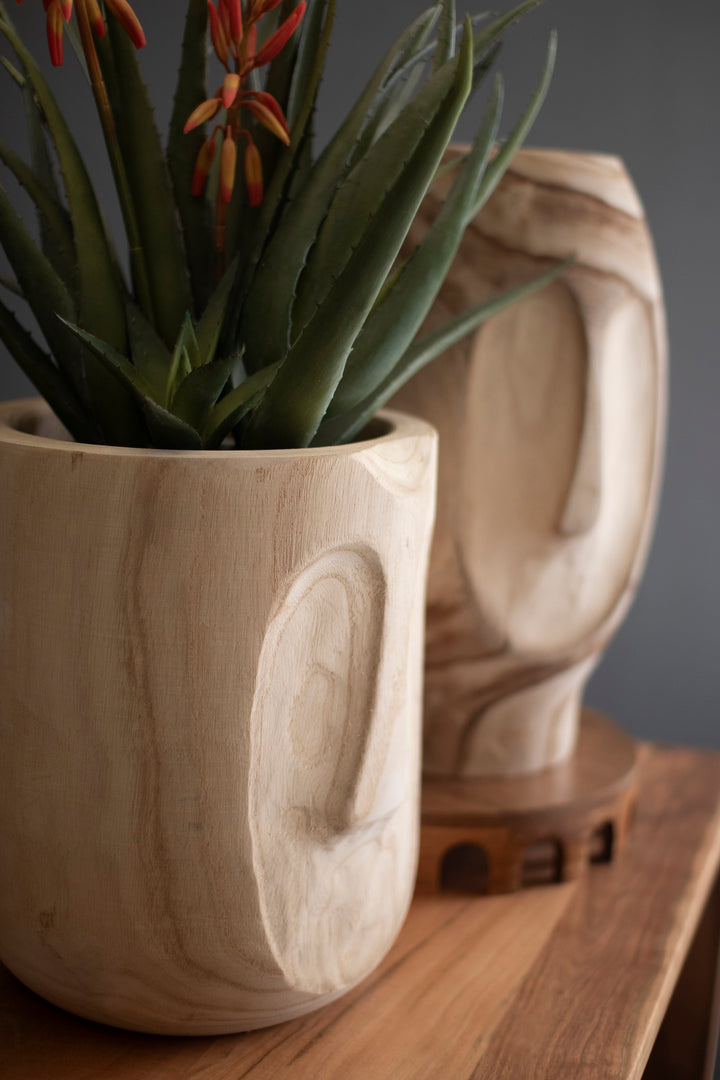 Set Of 2 Wood Hand-Carved Face Planters