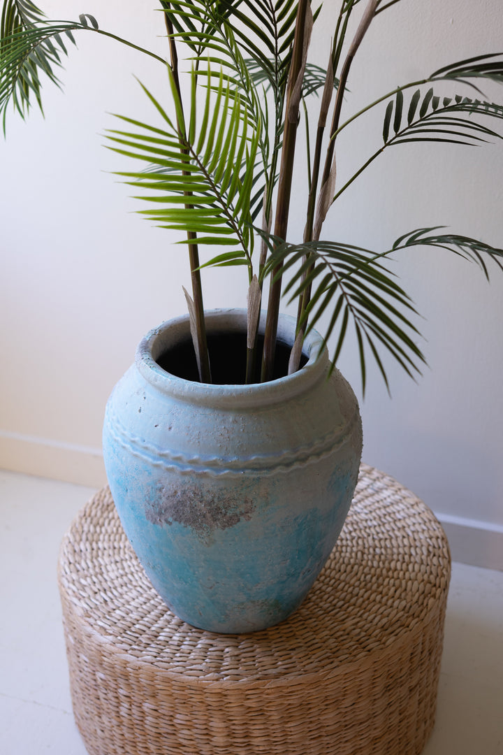 Large Antique Blue Ceramic Urn with Large Opening