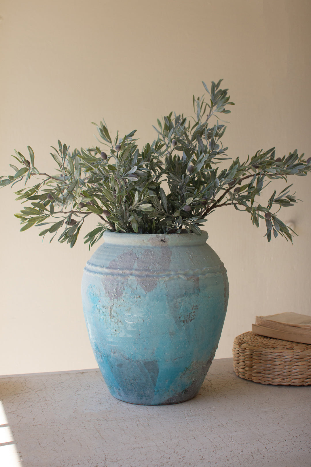 Large Antique Blue Ceramic Urn with Large Opening