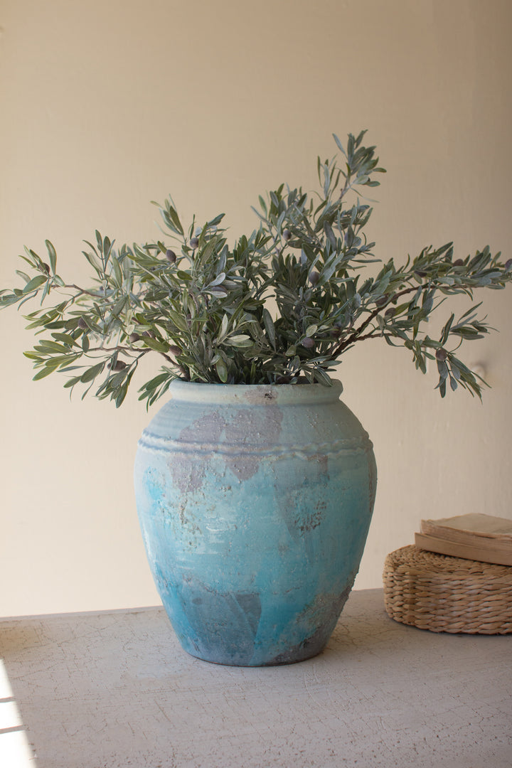 Large Antique Blue Ceramic Urn with Large Opening