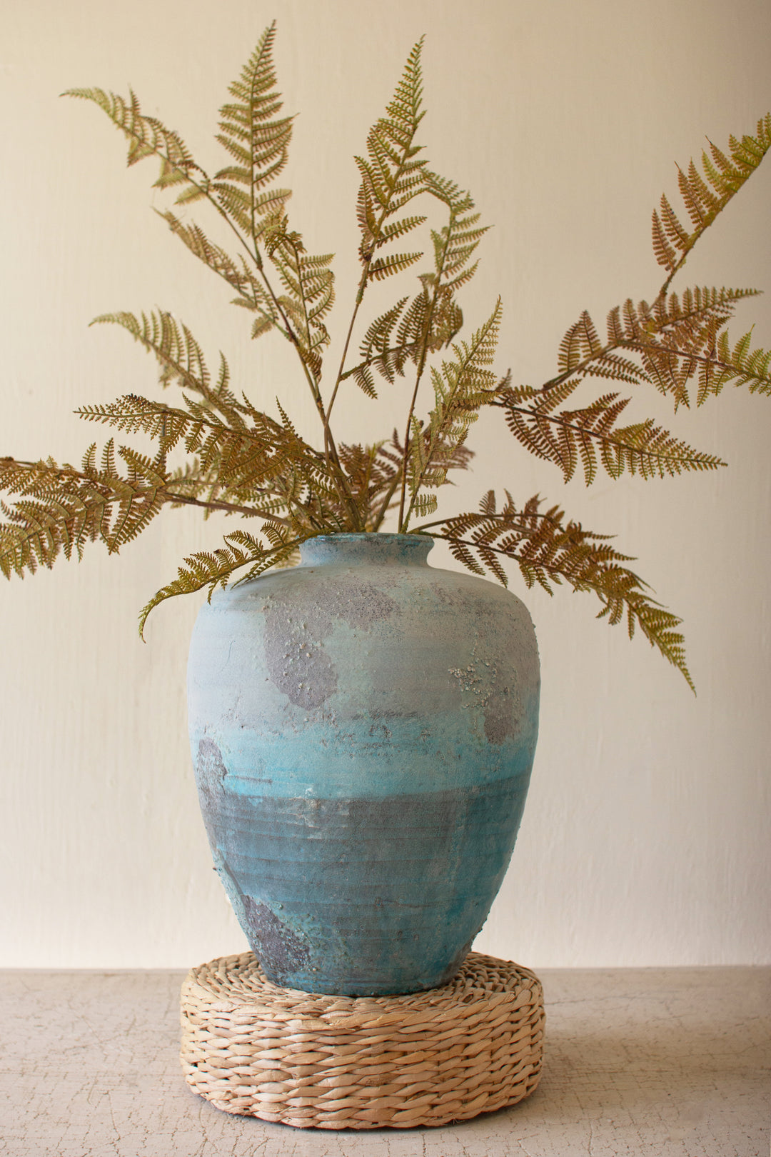 Large Antique Blue Ceramic Urn with Small Opening