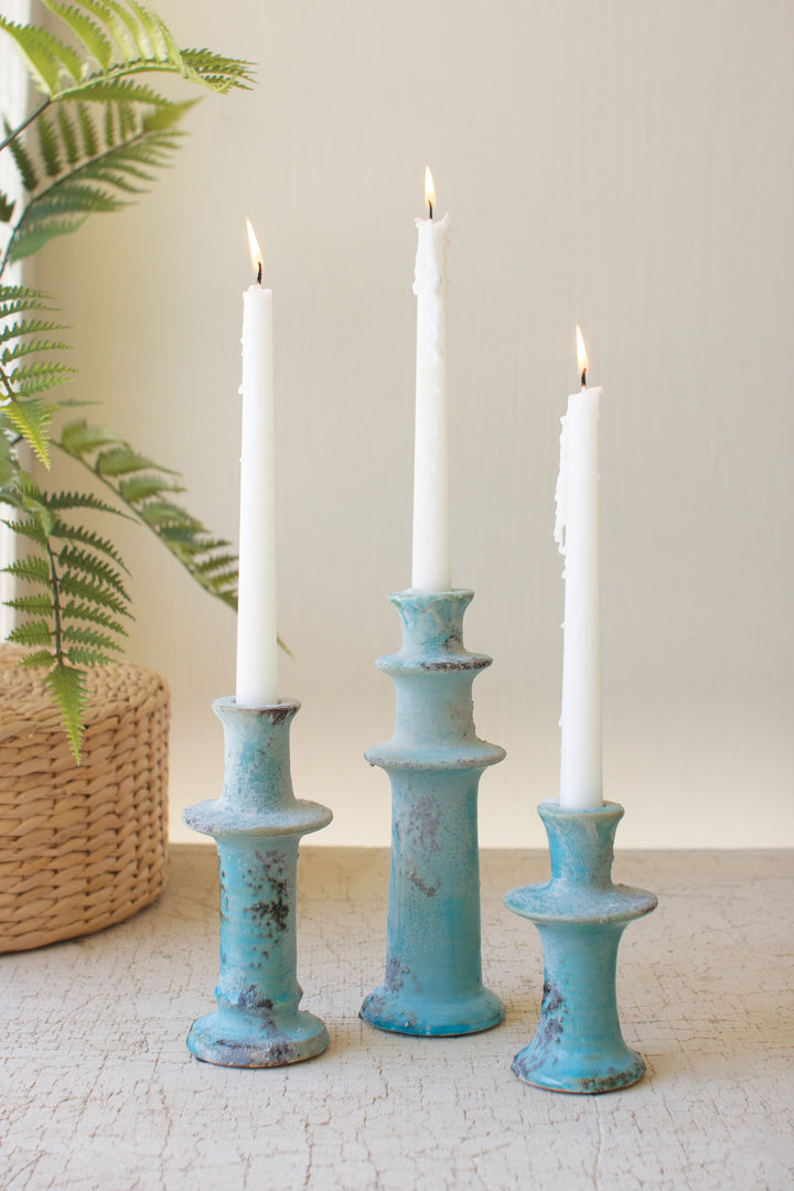 Set of 3 Antique Blue Ceramic Taper Candle Holders