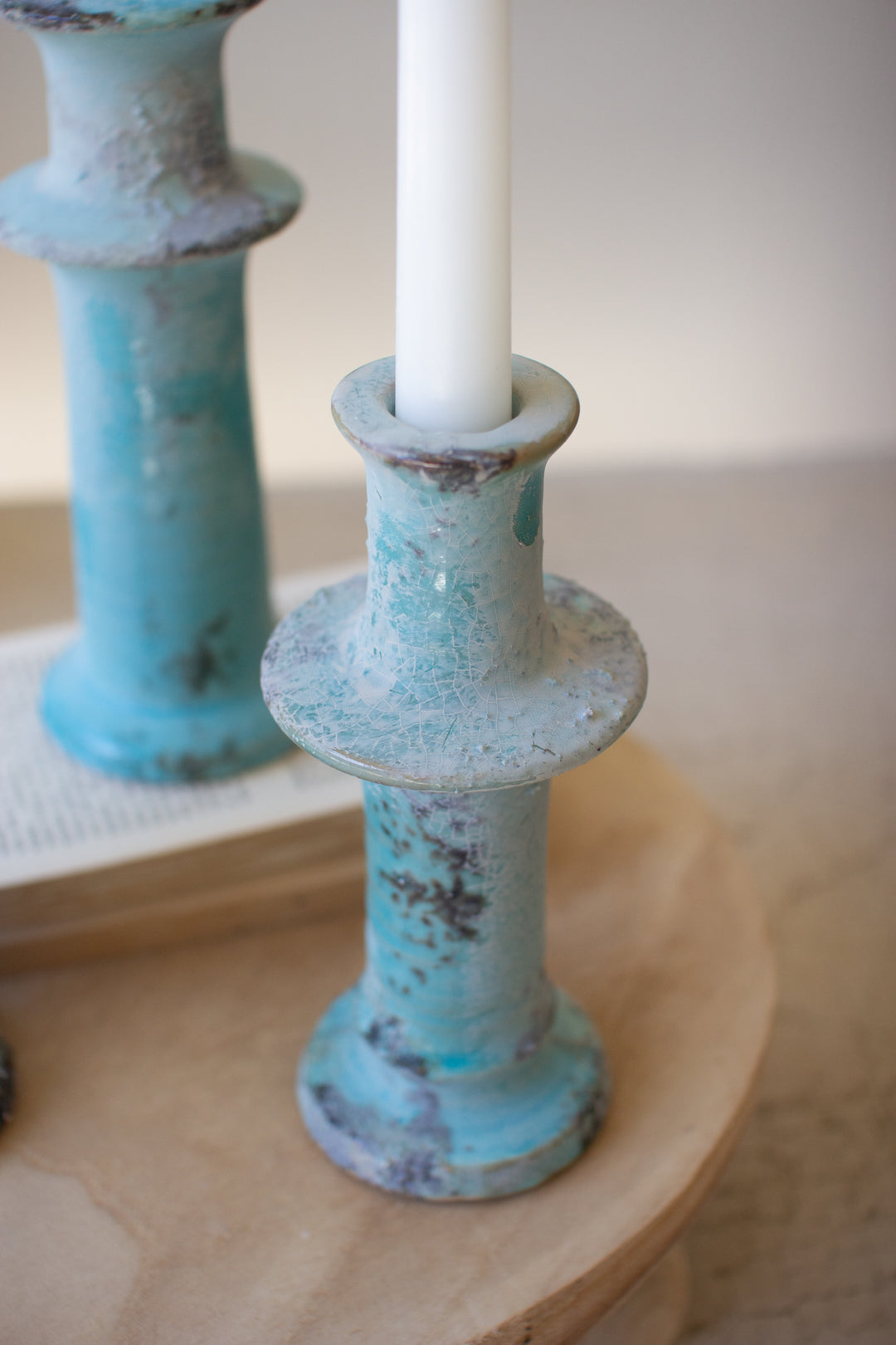 Set of 3 Antique Blue Ceramic Taper Candle Holders