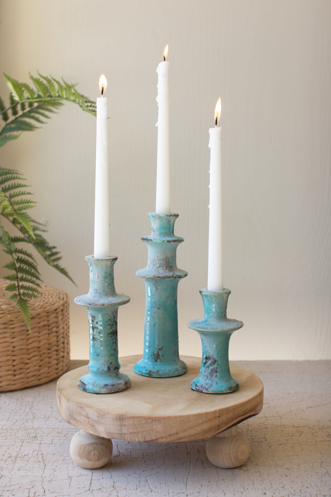Set of 3 Antique Blue Ceramic Taper Candle Holders