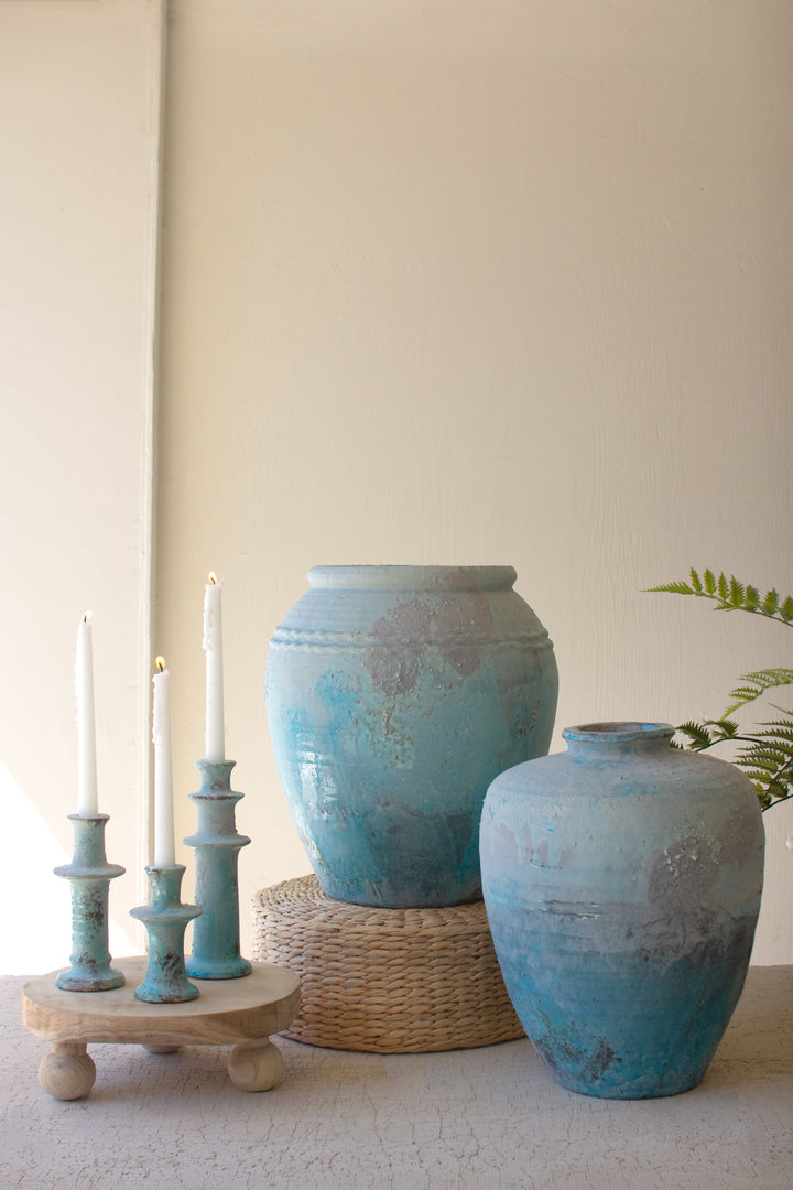 Set of 3 Antique Blue Ceramic Taper Candle Holders