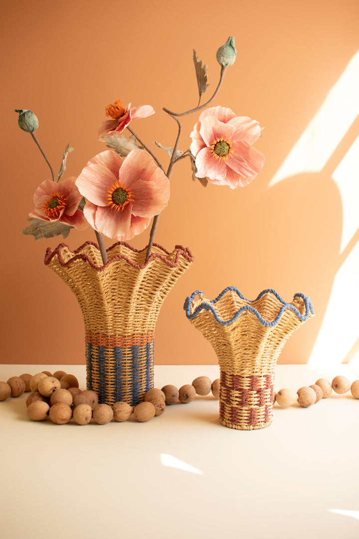 Set of 2 Twisted Paper Vases with Ruffled Rims