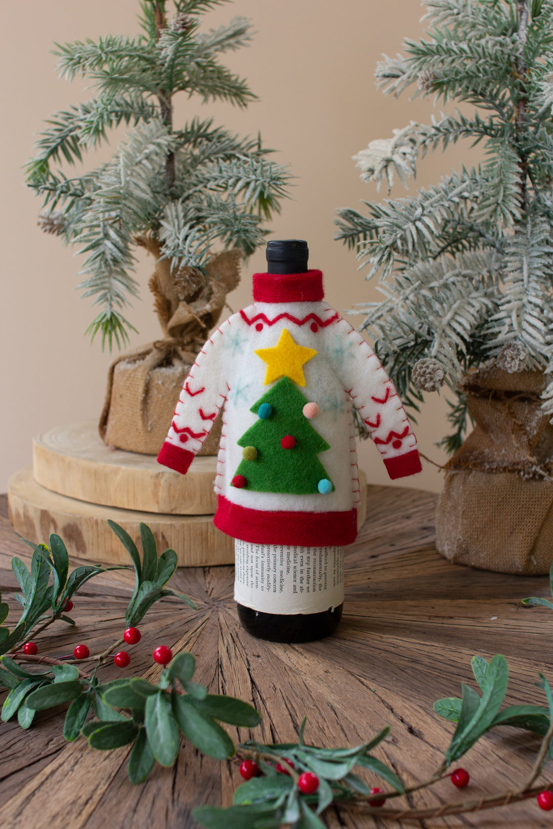 Felt Christmas Tree Sweater Bottle Topper Set/4