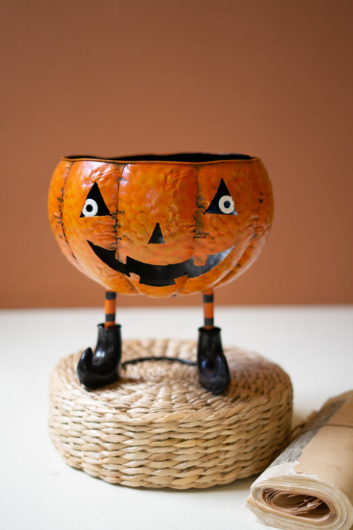 Painted Metal Halloween Bowl / Jack-O-Lantern