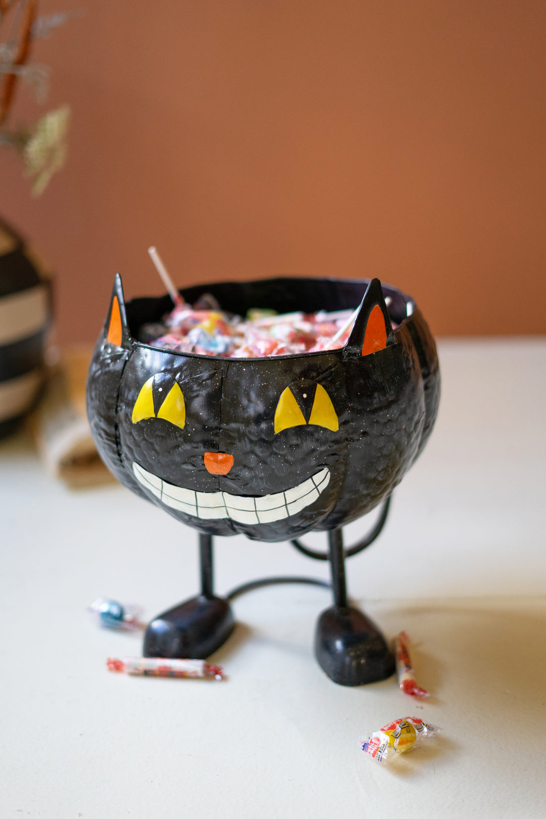 Painted Metal Halloween Bowl / Black Cat