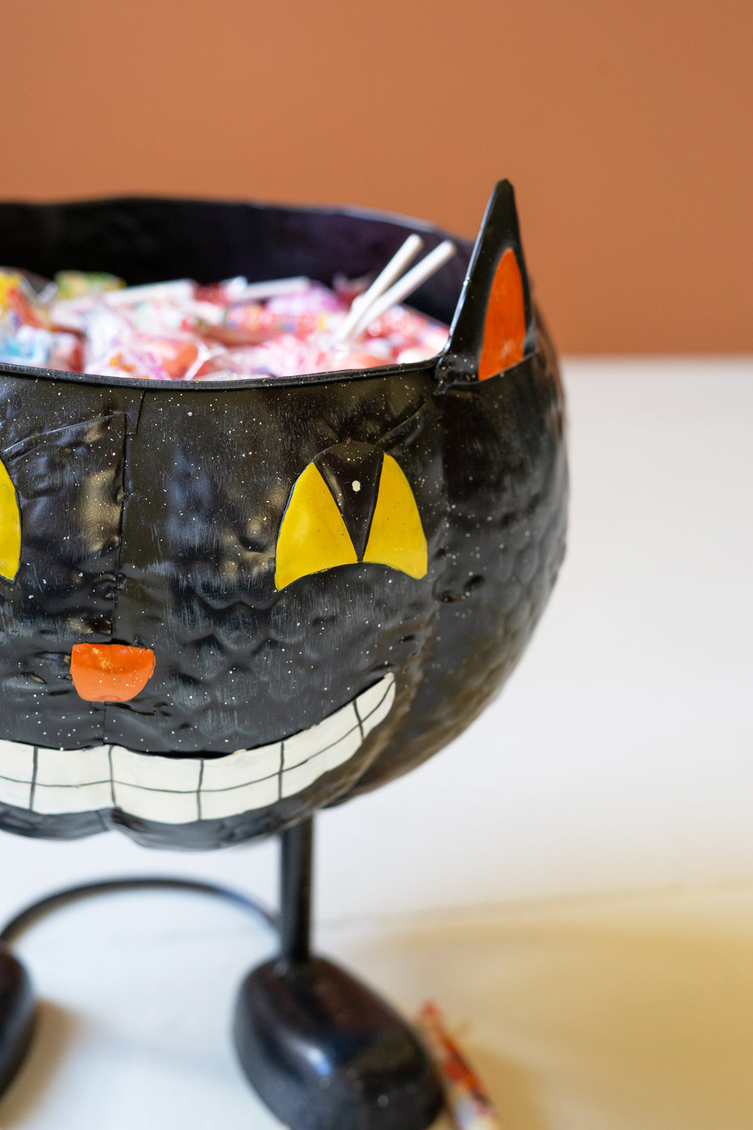 Painted Metal Halloween Bowl / Black Cat