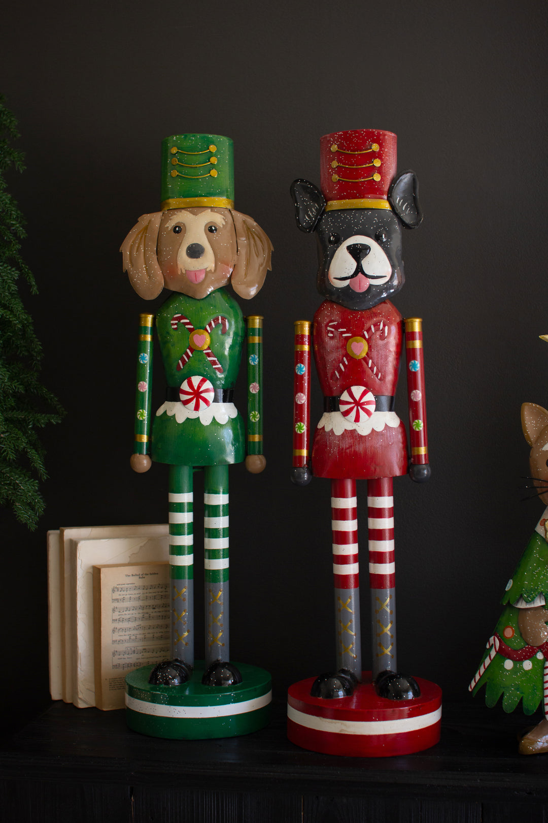 Set of 2 Painted Metal Christmas Dog Nutcrackers