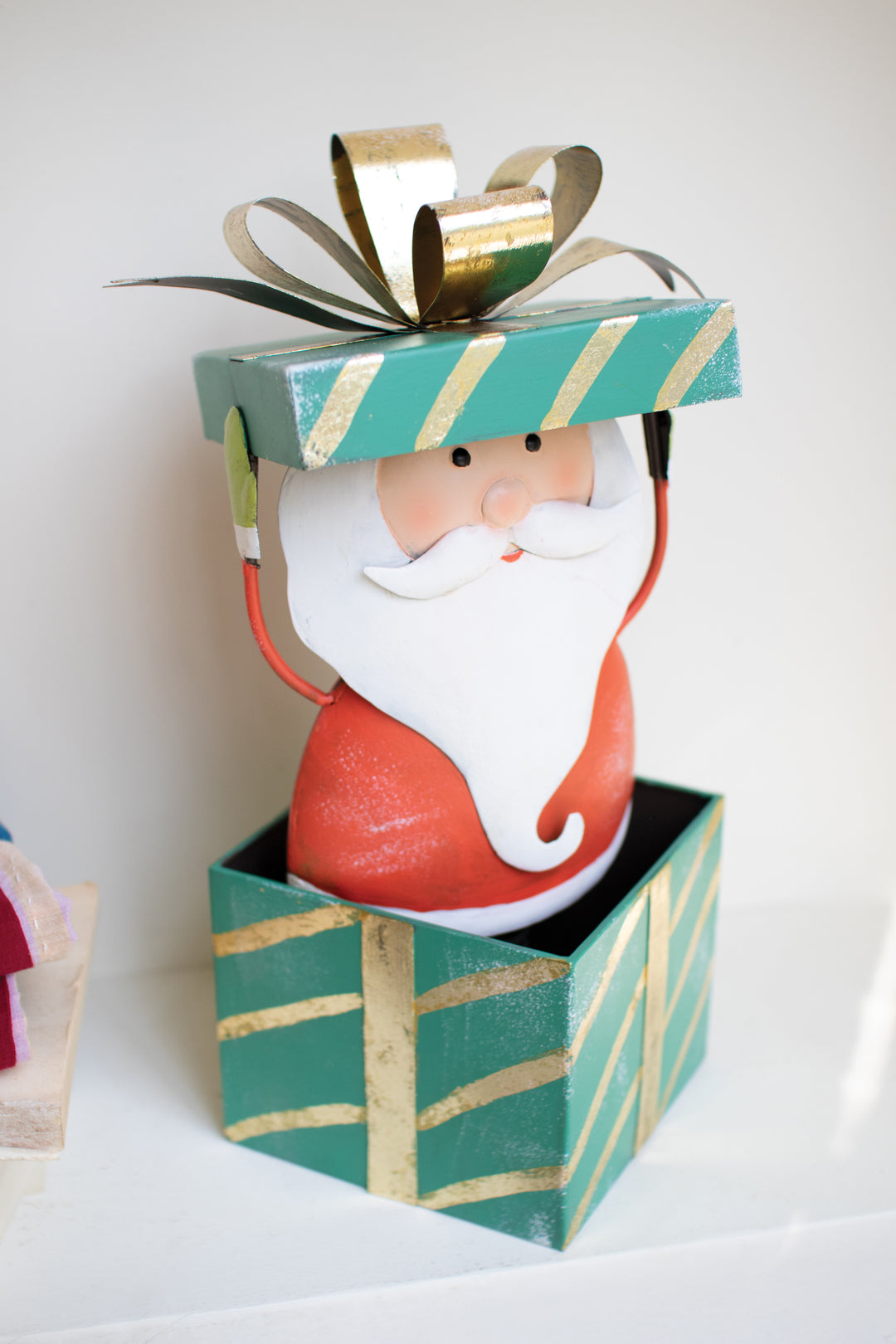Painted Metal Santa with Christmas Box