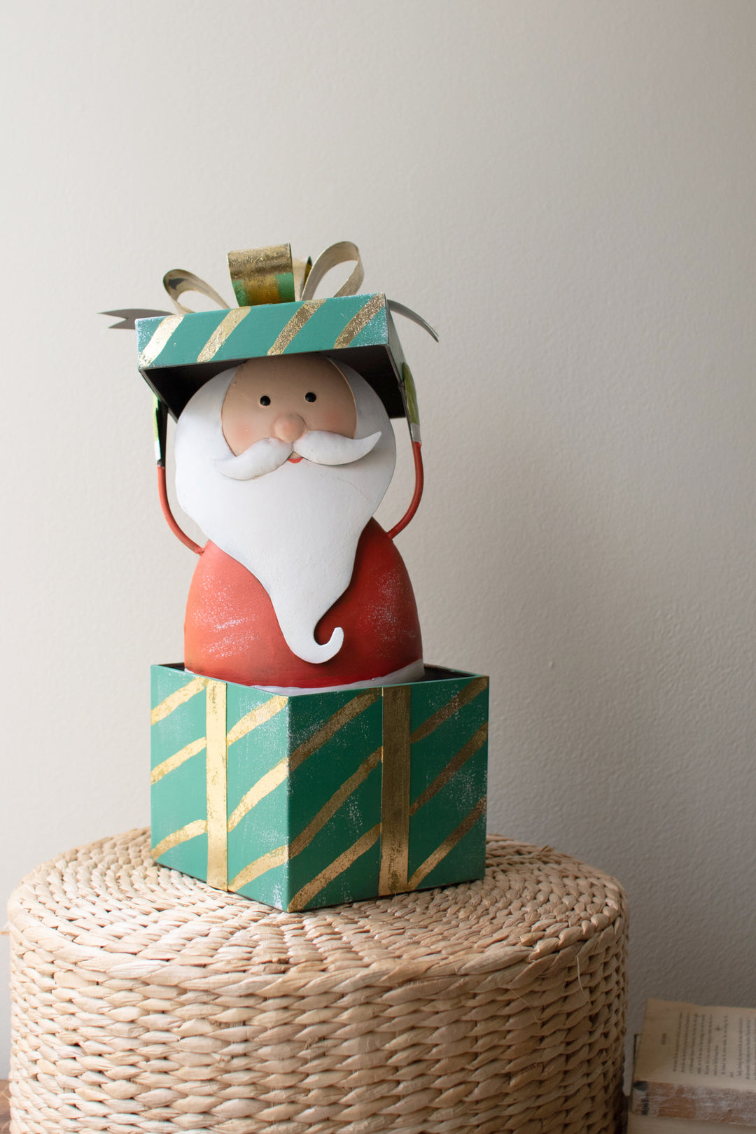 Painted Metal Santa with Christmas Box