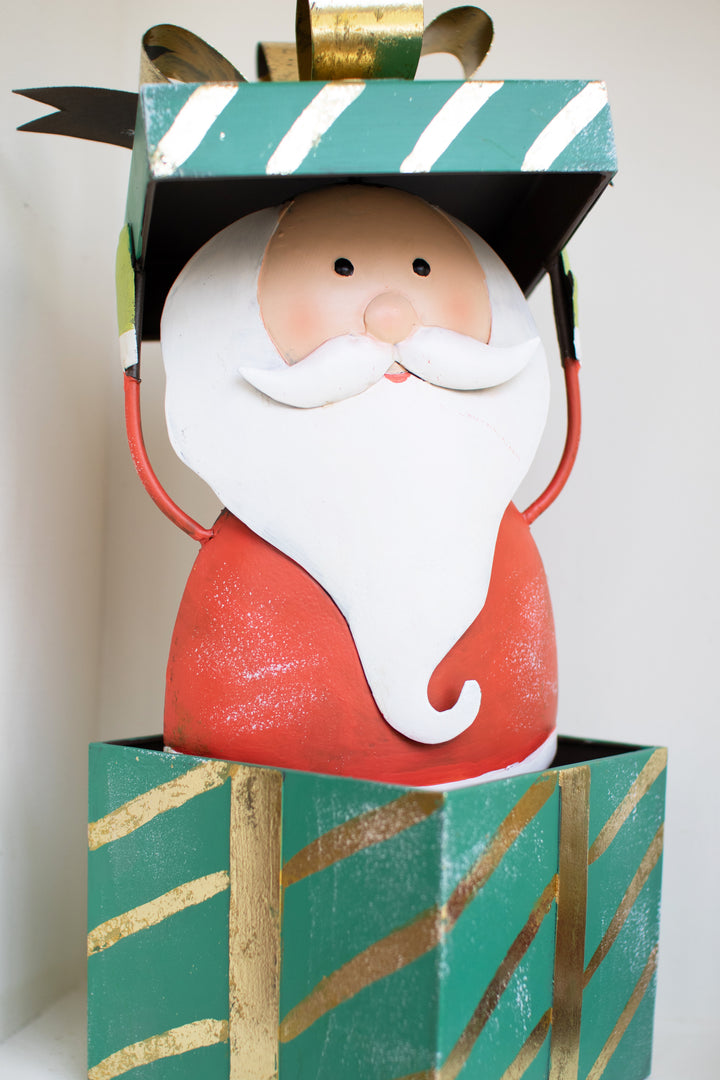 Painted Metal Santa with Christmas Box