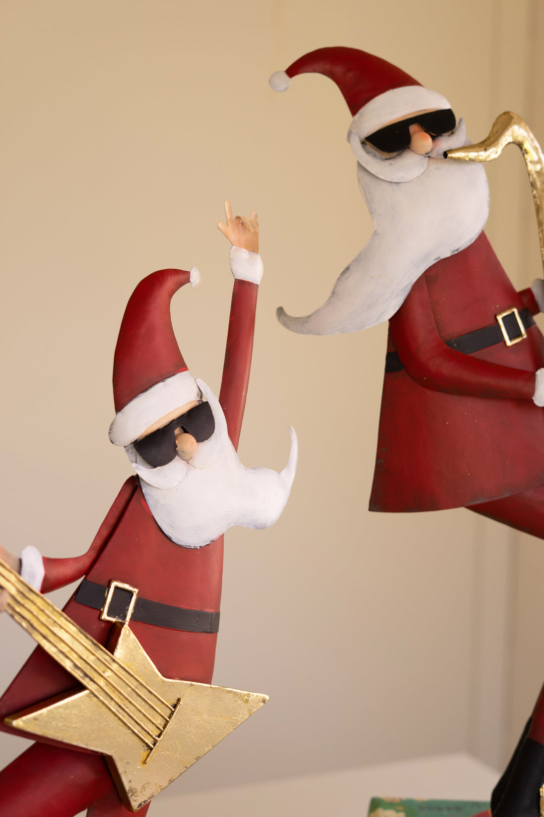 Set of 2 Painted Metal Santa Musicians
