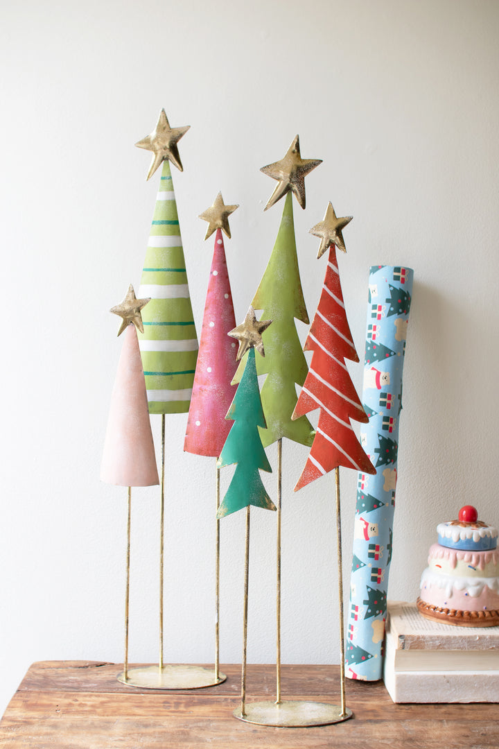 Set of 2 Painted Metal Christmas Tree Trios
