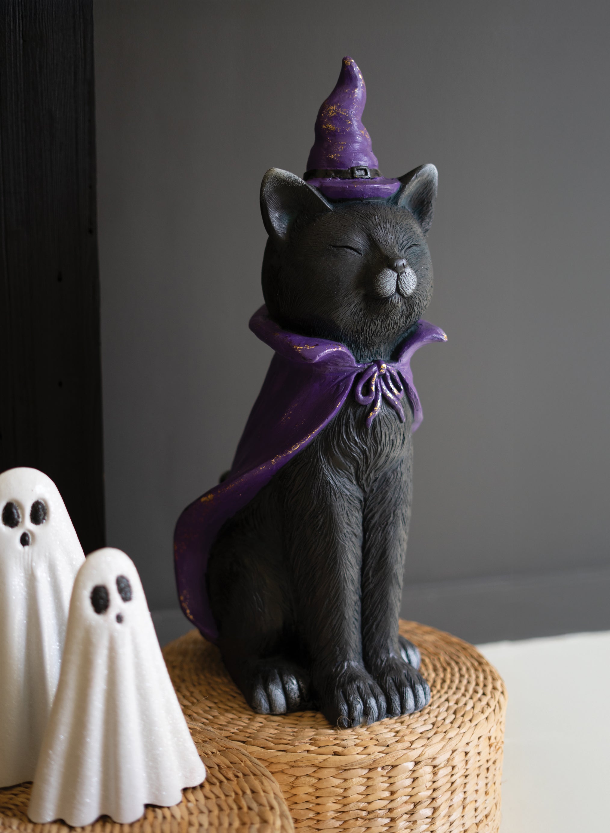 Painted Resin Black Cat with Purple Hat
