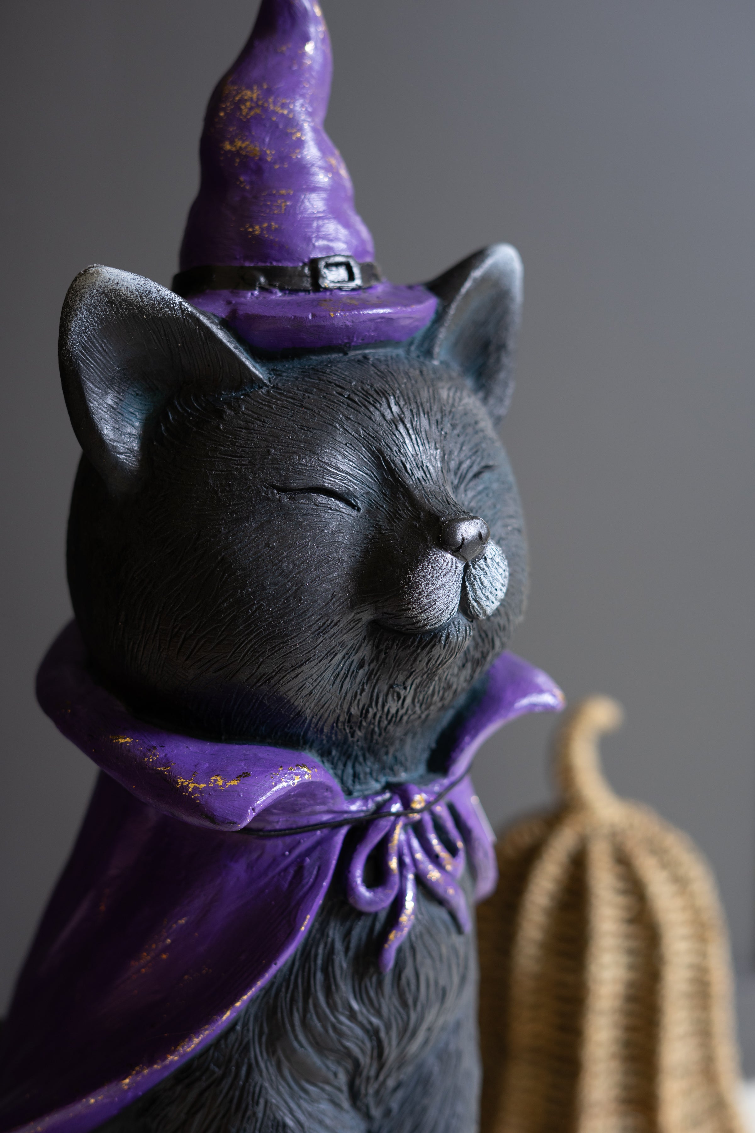 Painted Resin Black Cat with Purple Hat - Thumbnail 2