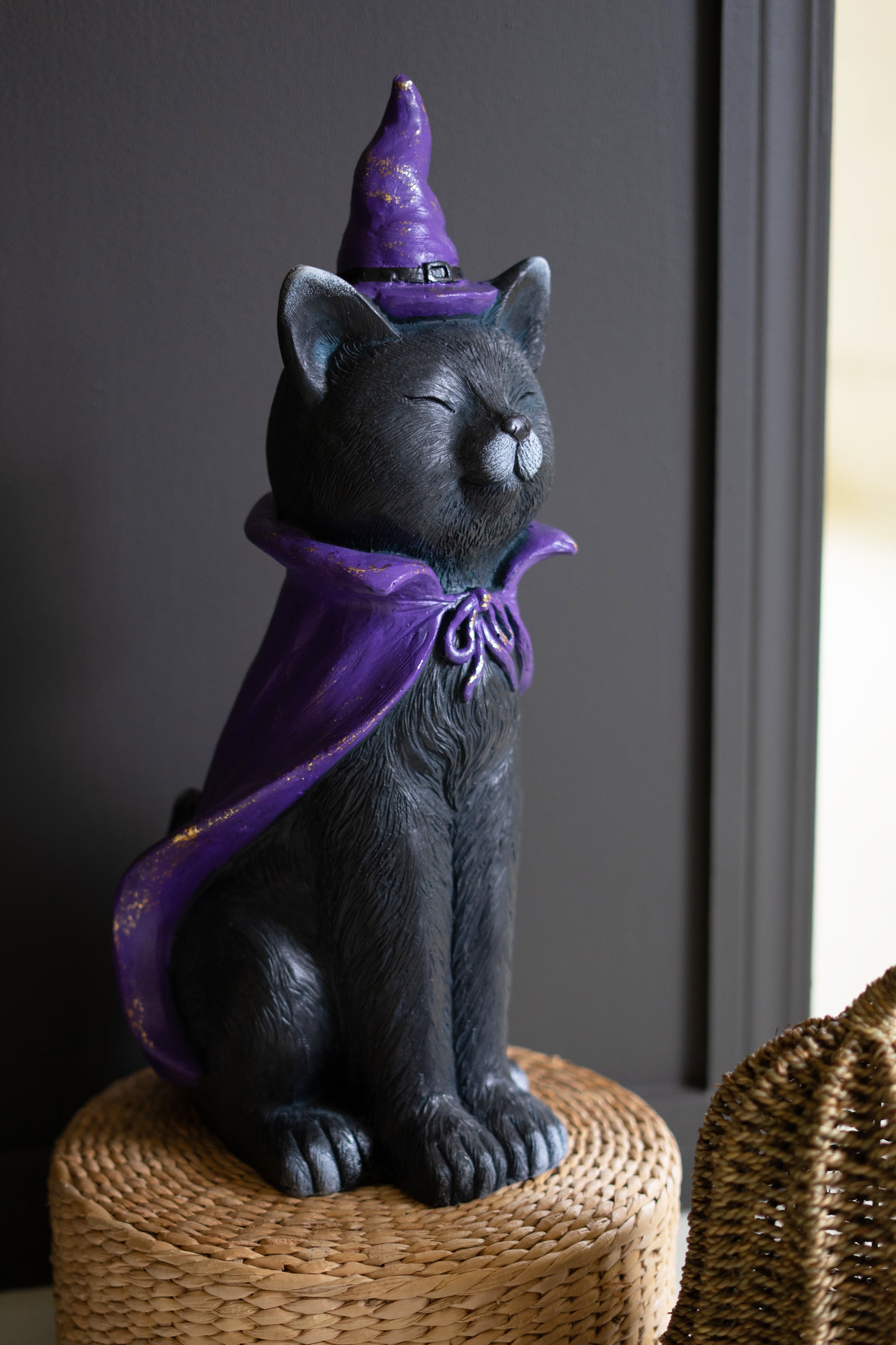 Painted Resin Black Cat with Purple Hat - Thumbnail 4