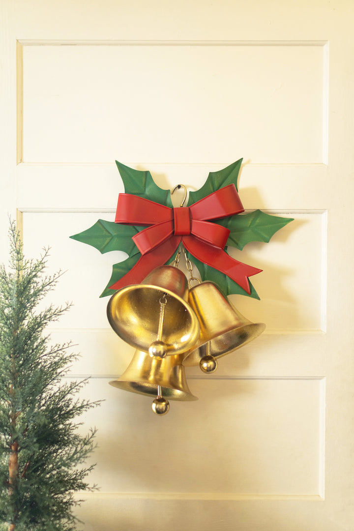 Painted Chrstmas Bells And Holly Door Hanger