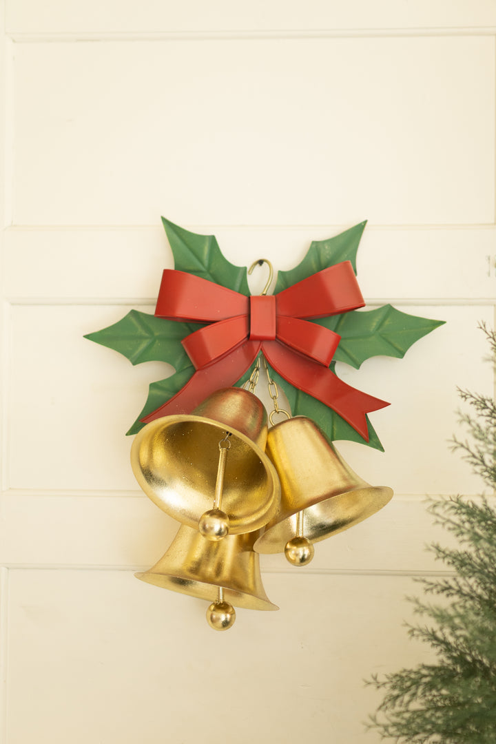Painted Chrstmas Bells And Holly Door Hanger